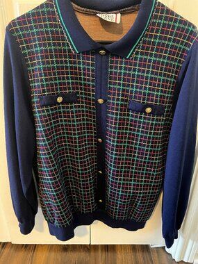 Vintage Cricket Lane Plaid Cardigan Sweater Navy Blue Gold Button Grandpa Preppy
